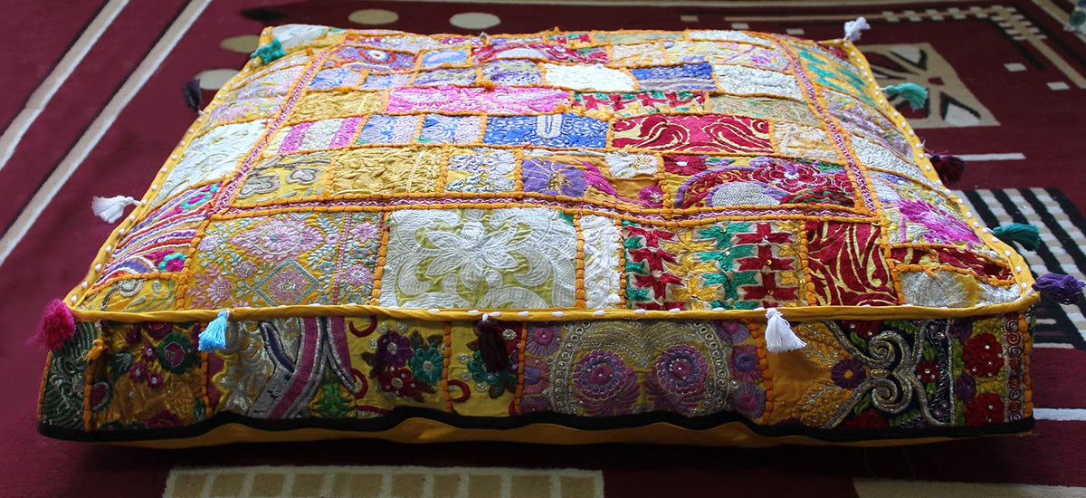Handmade Square Yellow Patchwork Pouf Cover 35 Inch Ottoman Cover Embroidered Cotton Floor Cushion Cover Boho Indian Decorative Floor Pillow Meditation Cushion for Living Room Bedroom (35"D x 35"W x 5"H / Yellow)