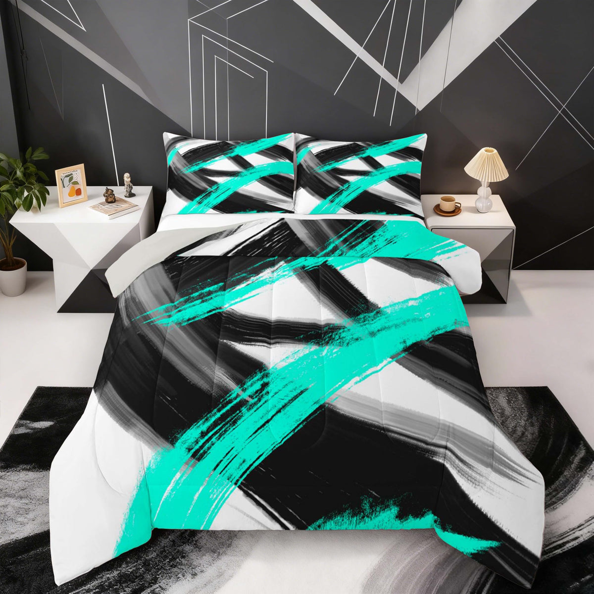 Black Teal Comforter Set Full Size Abstract Geometric Bedding Set for Boys Girls Modern Minimalist Duvet Quilt Room Decor Breathable Soft Microfiber All Season 3Pcs with 2 Pillow Cases (Multi 45687 / Full)