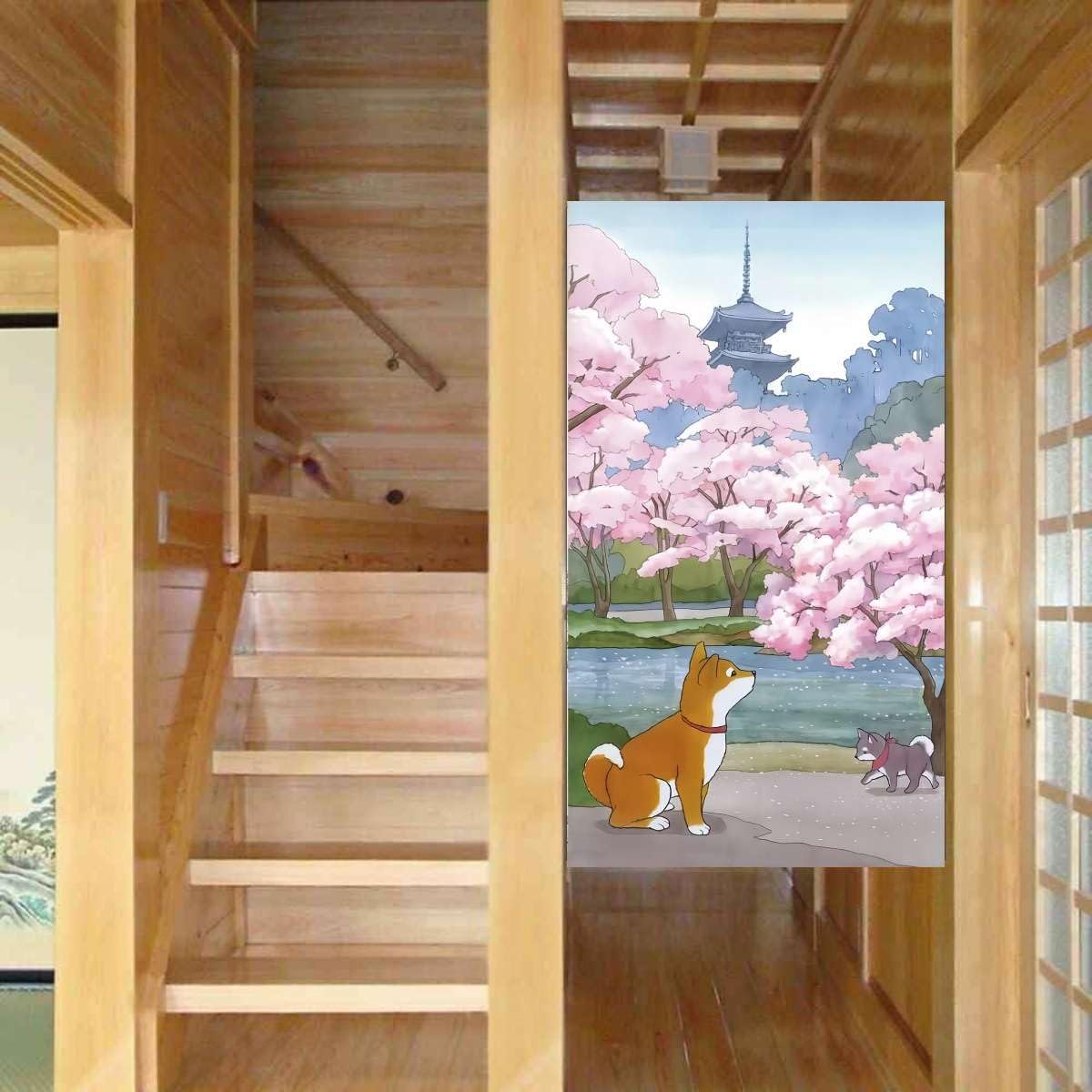 Noren Japanese Doorway Curtain Cherry Blossom Akita Inu Puppy Asian Tapestry Decorations Room Divider Privacy Anime Curtains Oriental Traditional Chinese (Sakura and Akita-dog / 33.5"W x 59"L (Pack of 1))