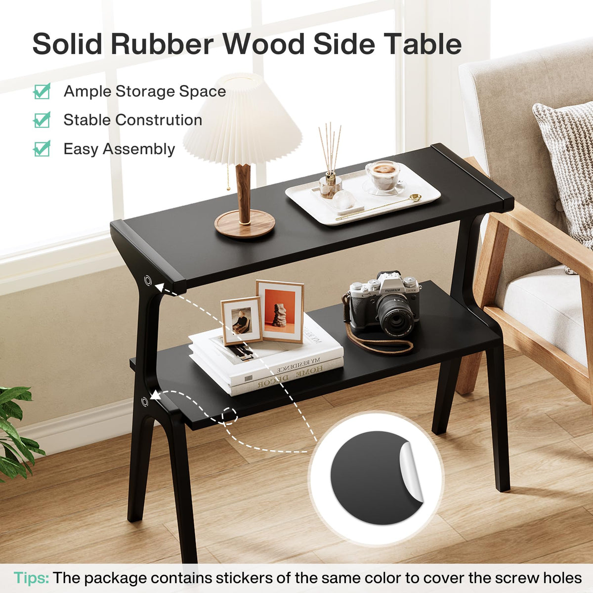 Set of 2 Solid Wood End Table (Black)