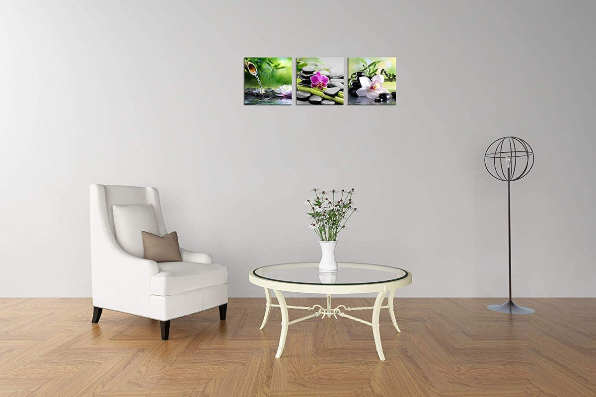 Zen Art 3 Panels Spa Decor Green Bamboo Decor Pink Flowers Picture Canvas Painting Print on Canvas for Home Decor Spa Decor for Bathroom Zen Decor Stretched and Framed Each Panel 20x20inch (20x20inchx3 / Spa Stone with Flowers)
