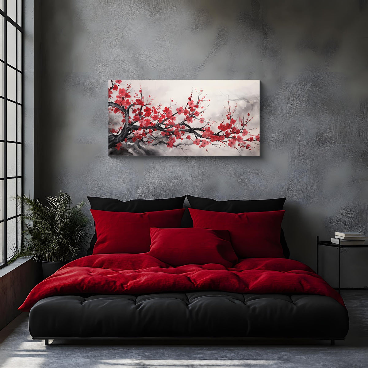 Asian Wall Art Traditional Chinese Decor Oriental Red Cherry Plum Blossom Canvas Pictures for Wall Decor for Living Room Landscape Artwork Framed Ready to Hang (Red-One Piece-1 / 32"L x 16"W)