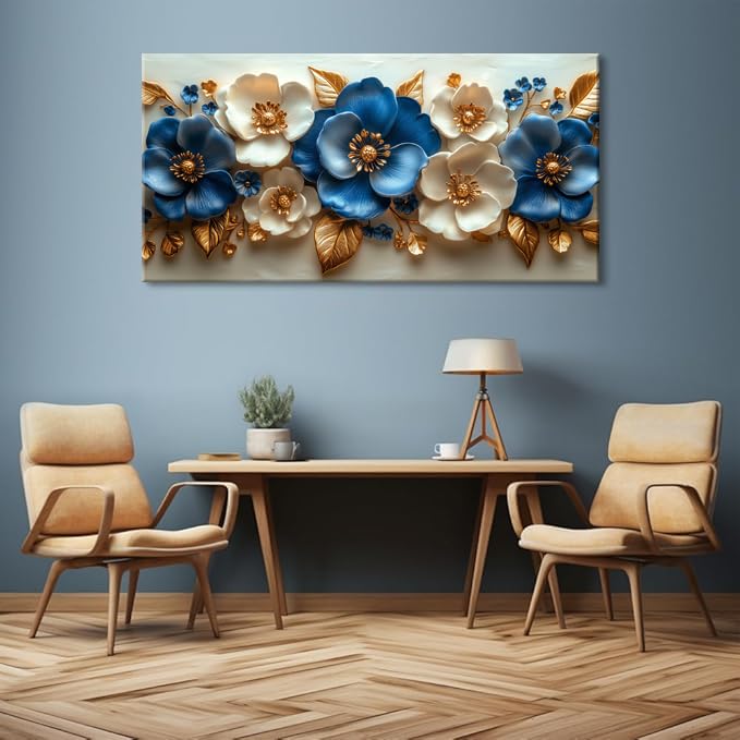 Abstract Beautiful Floral Flower Wall Art for Living Room Office Contemporary Art Deco White Nature Plant Painting Prints Modern Elegant Canvas Artwork Over the Couch Bedroom Decor Extra Large (58"L x 28"W / Blue and White Flower Wall Art (K867))