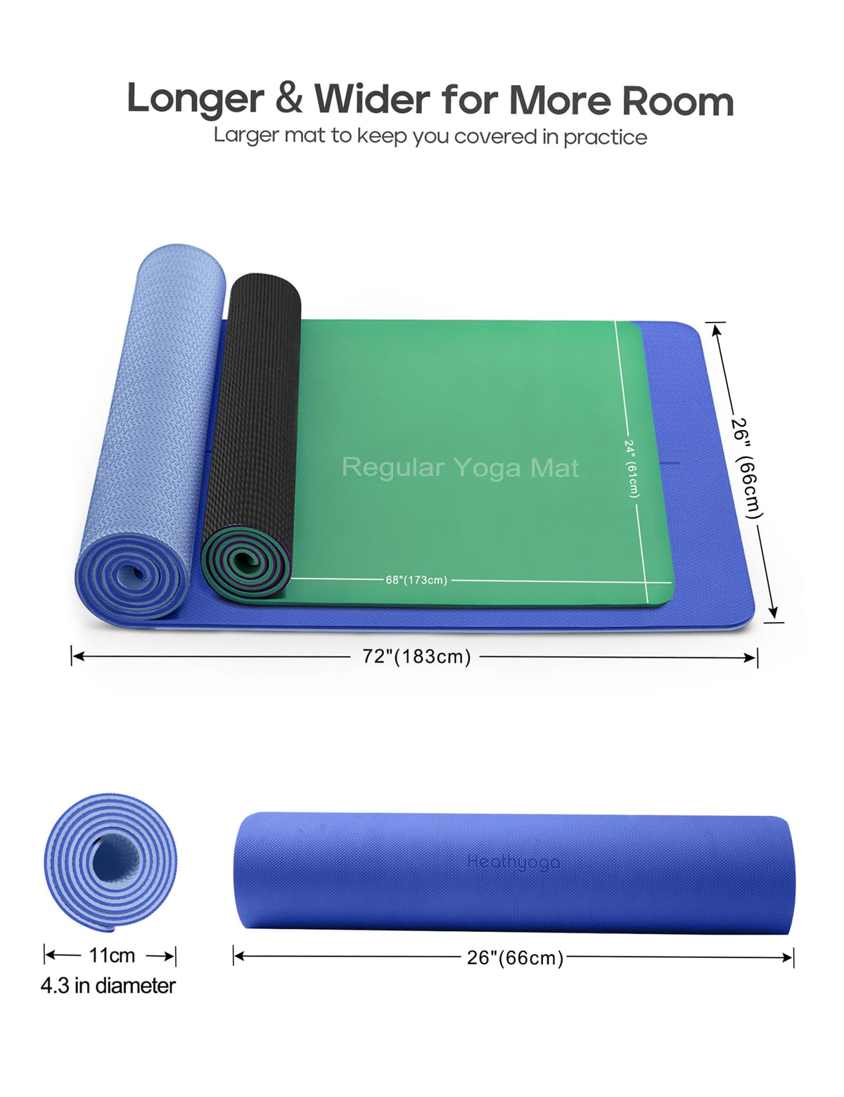 Yoga Mat Non Slip TPE Pilates Exercise Mats for Home Workout Gym Fitness Eco Friendly Thick Hot Yoga Mat with Strap Body Alignment (Blue)