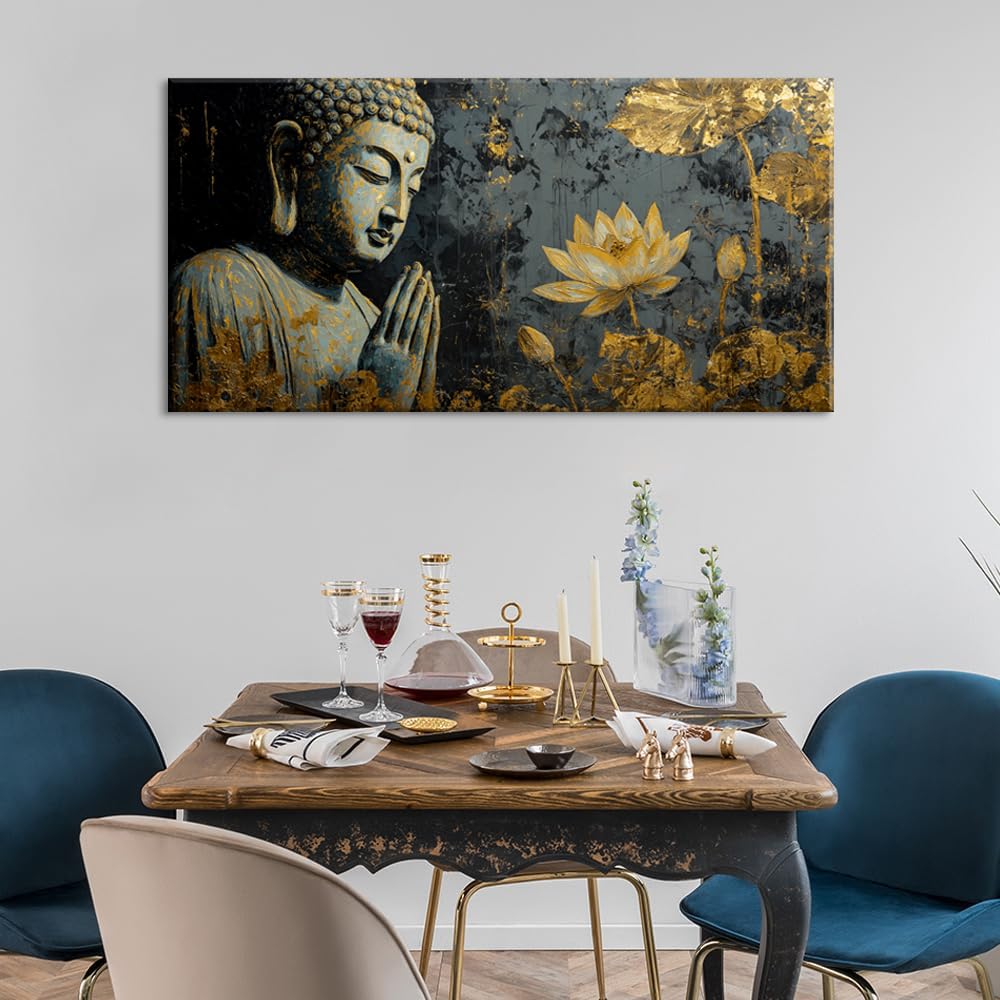 Teal Buddha Statue Wall Art for Living Room Office Contemporary Religious Buddha Painting Prints Mysterious Canvas Artwork Dining Bedroom Decor Extra Large (Contemporary / Teal Gold Buddha Statue Wall Art / 58L" x 28W")