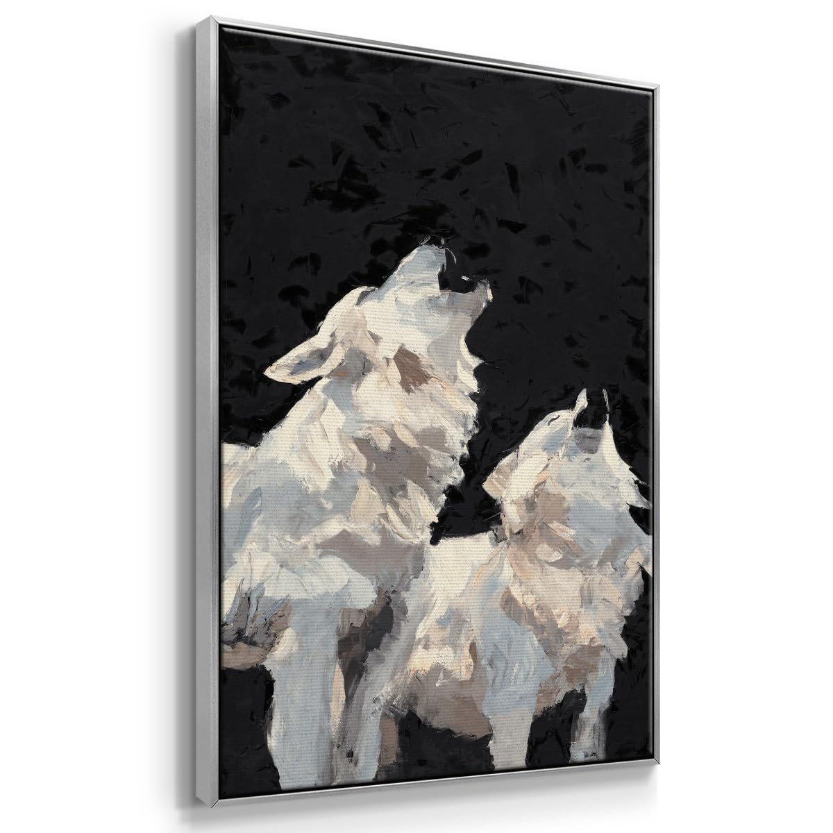 Animals Wall Art Silver Floater Frame Home Decor White Midnight Wolves Howling Abstract Modern Hanging Paintings for Living Room Kitchen Office (25"L x 17"W / Midnight Wolves I)