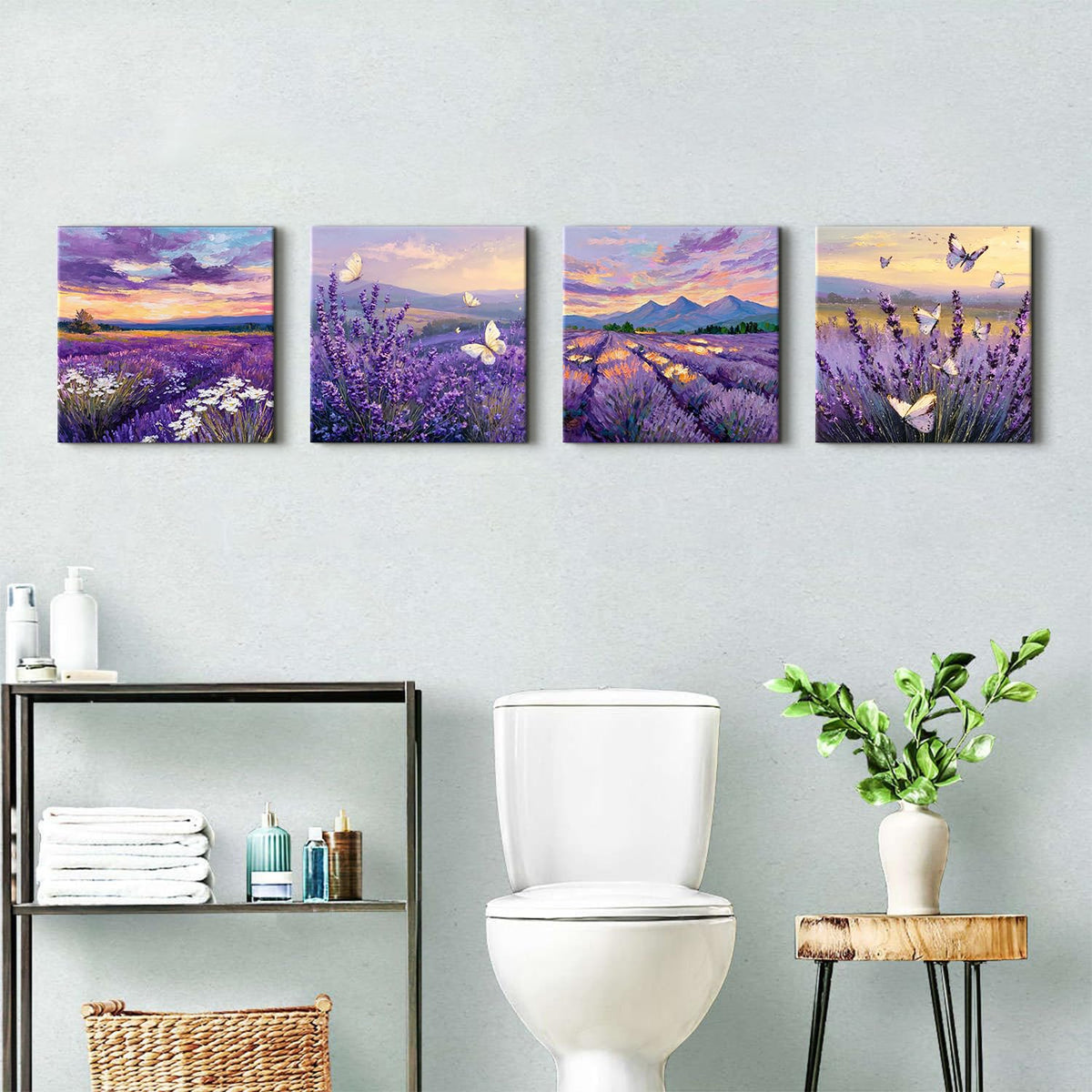 Purple Lavender Wall Art Bedroom Wall Decor Abstract Butterfly Scenery Pictures for Living Room Watercolor Sunset Forest Paintings Canvas Prints Mountain Posters Artwork Home Decoration 12x12” 4Pcs (12"L x 12"W / Butterfly03)