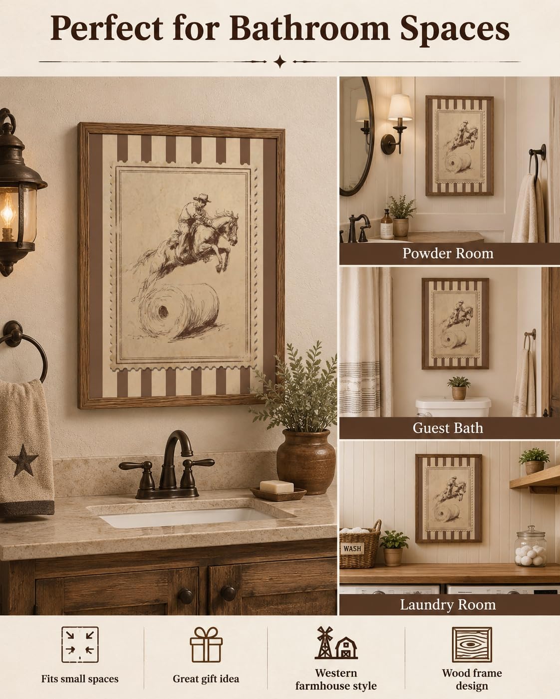 Wood Framed Funny Bathroom Wall Art Western Cowboy Toilet Paper Wall Decor (Cowboy Toilet Paper / 16"L x 24"W)
