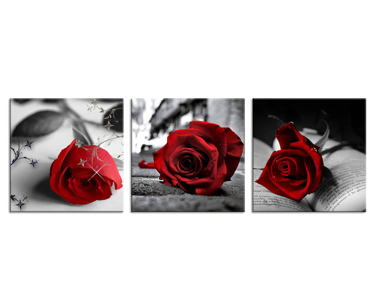 3 Pcs Red Rose Canvas Art Black and White Red Wall Art Flower Picture Prints Stretched and Framed Triptych 12"X12" Floral Decor Canvas Art for Home Decor Living Room Bedroom (12 x 12 inches (3-Piece Set) / A-Rose)