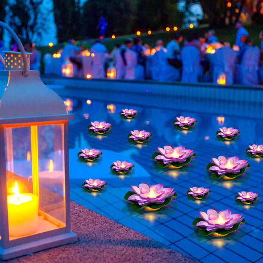 24 Pcs Diwali Floating Lotus Lights (Purple / 3.94, 5.91 Inch)