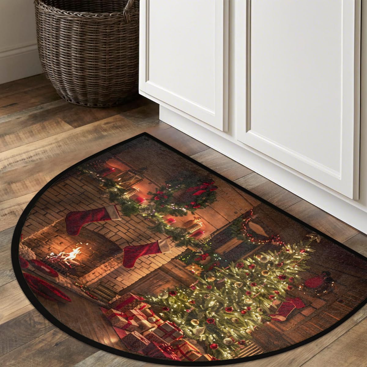 Half Round Doormat Christmas Fireplace Tree Decor Semi Circle Rug Non Slip Indoor Outdoor Entrance Half Moon Rug Washable Front Floor Mat for Kitchen Bathroom Patio Fireplace Holiday Decor A (Z:christmas 7)