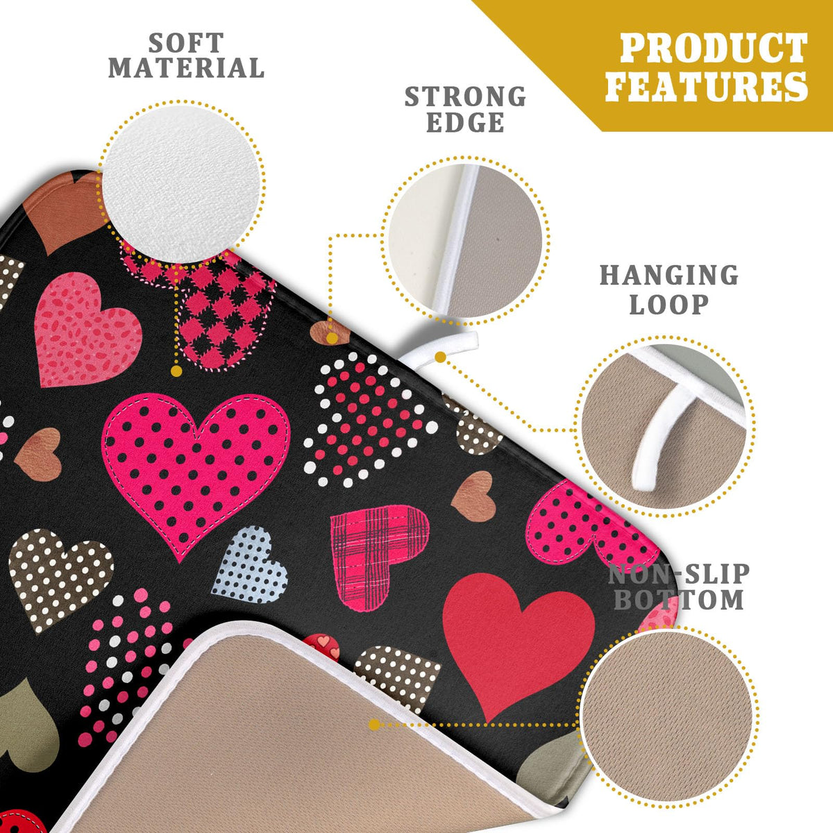 Happy Valentine's Day Black Dish Drying Mat for Kitchen Counter (Love Heart / 16" x 18")