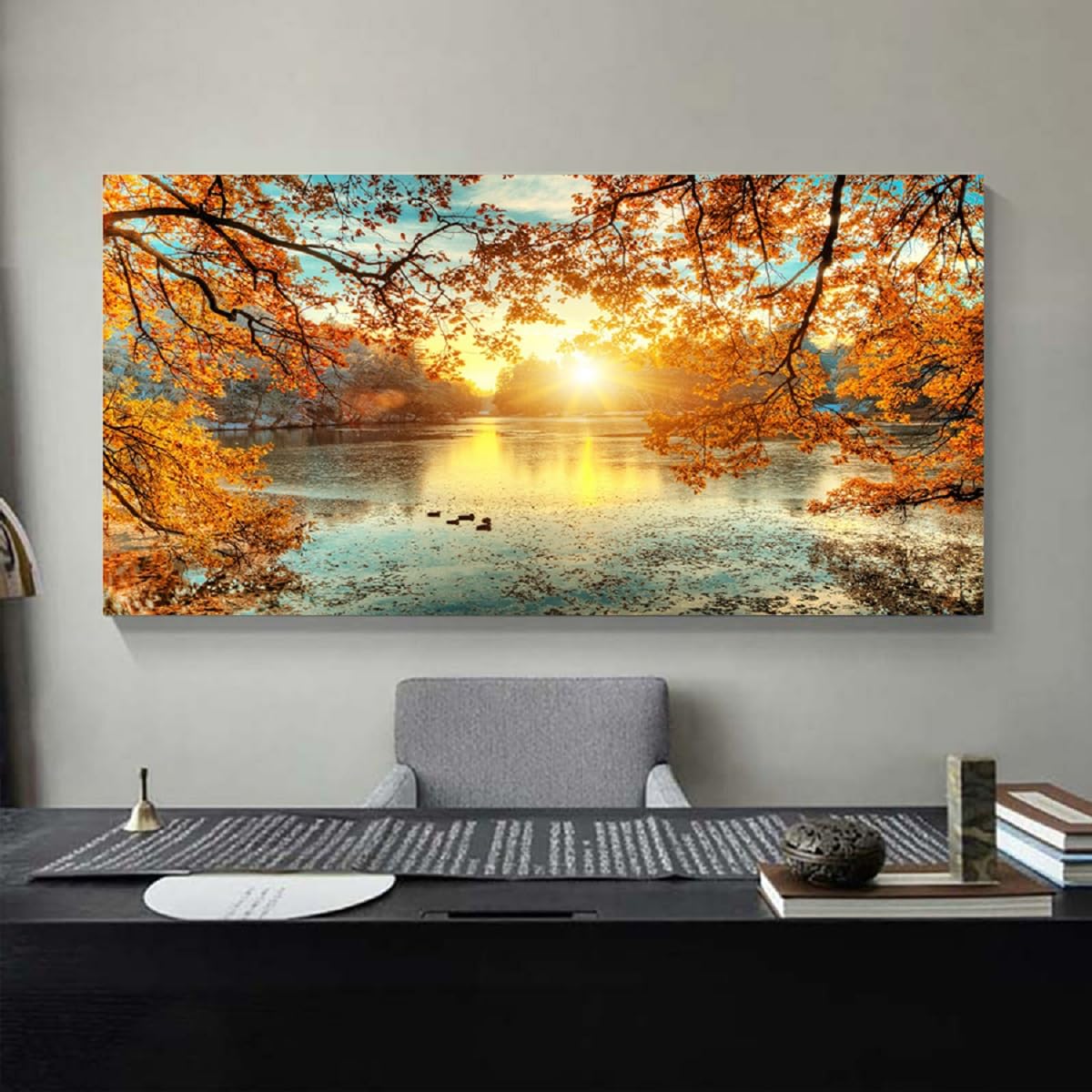 Landscape Tree Canvas Wall Art Fall Forest Sunset Wall Decor Poster Lake Water Pictures for bedroom wall décor Natural Scenery Paintings Artwork Large Living Room Decor Home Office Decoration (Bblanndscape / 60"L x 30"W)