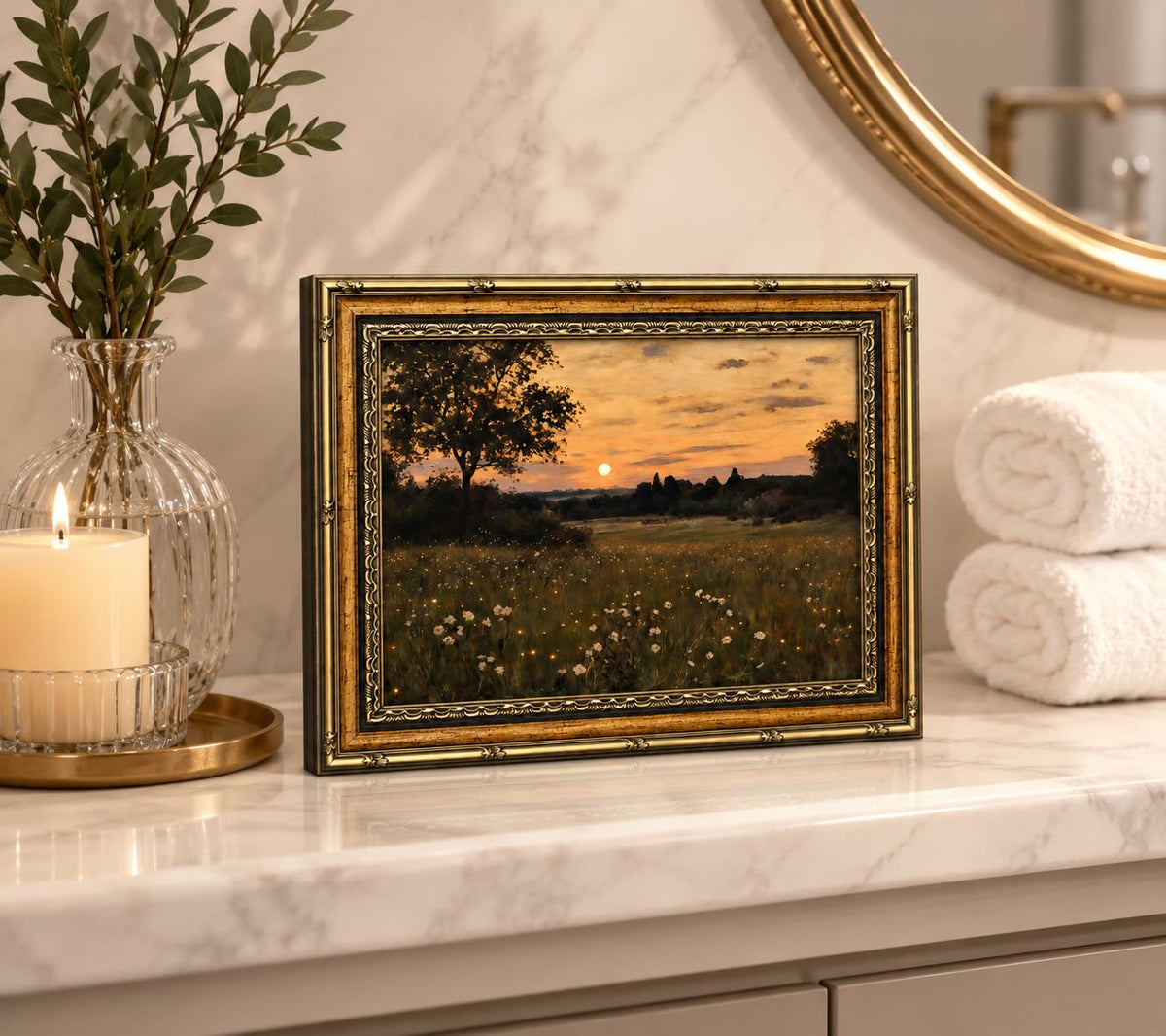 Framed Vintage Floral Wall Art Sunset Flower Field Canvas Print Poster Country Gallery Style Landscape Painting Living Room Bedroom Farmhouse Wall Decoration 8x10 Inches Ready To Hang Or Tabletop (Flowers - 10 / 8x10in)