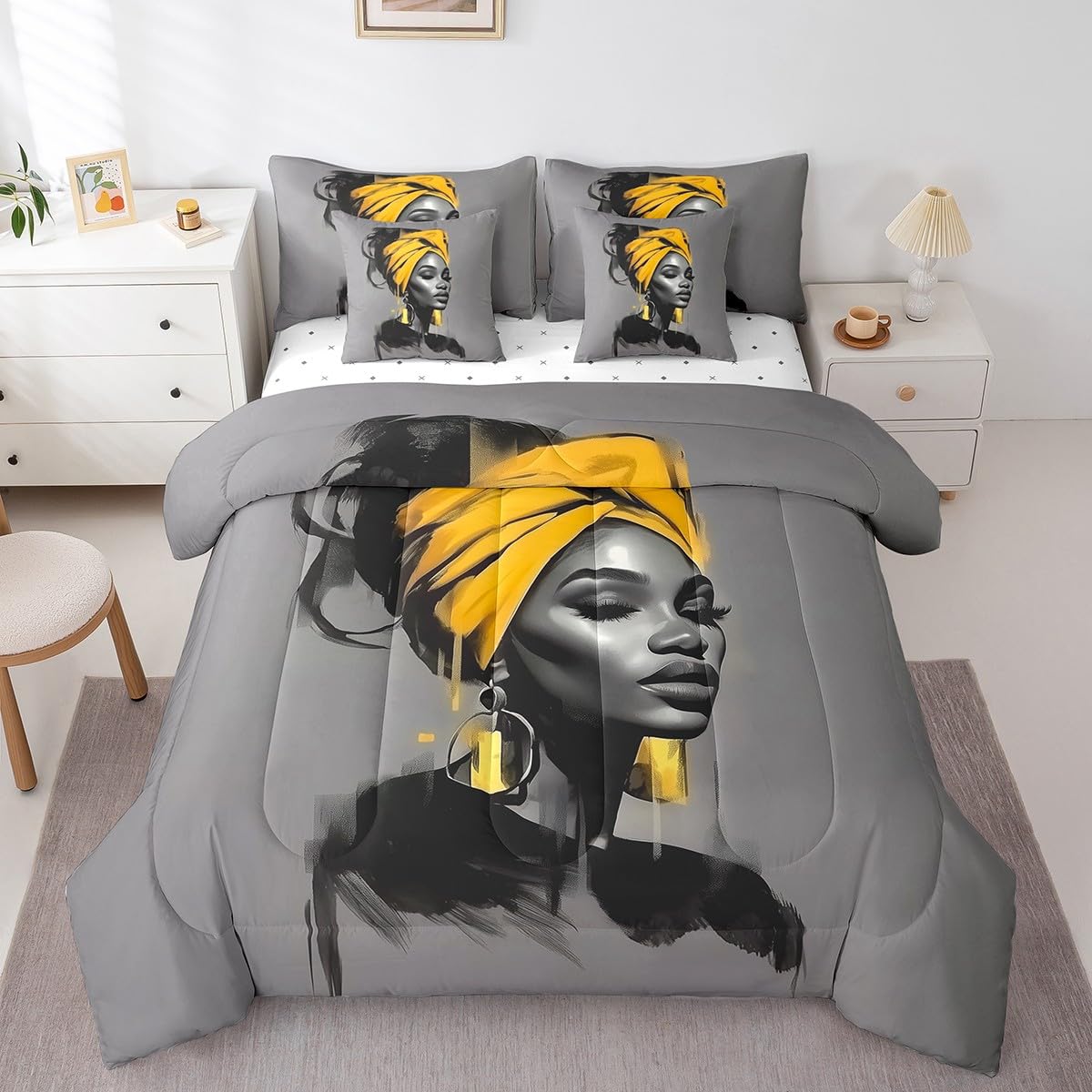 Black Women Comforter Set Full Size 7 Piece (Grey and Yellow / Full)