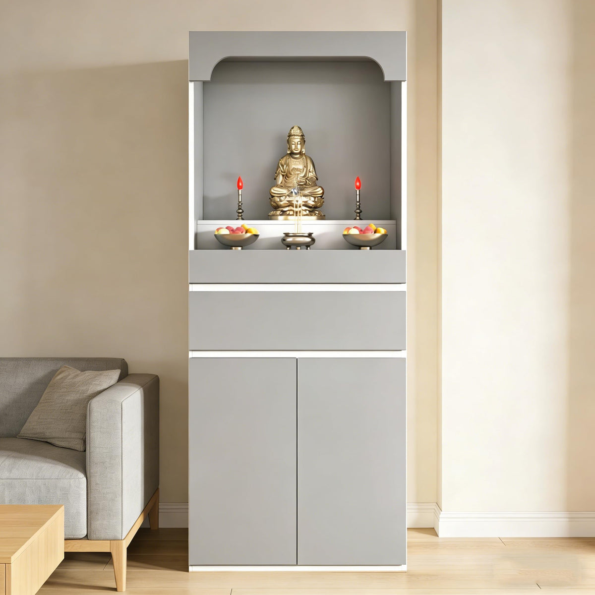 Altar Table Pooja Cabinet with Drawers and Storage Cabinets (15.7×15.7×65.4in / Light Gray+white-2)