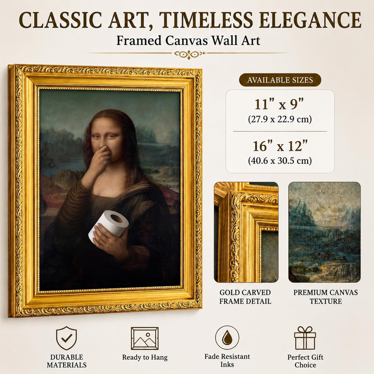 Gold Framed Bathroom Wall Art Mona Lisa Humor Amusing Toilet Art Pinching Nose Wall Decor Funny Vintage Painting Picture Print Whimsical Restroom 9x11 inch Small Framed (Mona Lisa / 11L" x 9W")