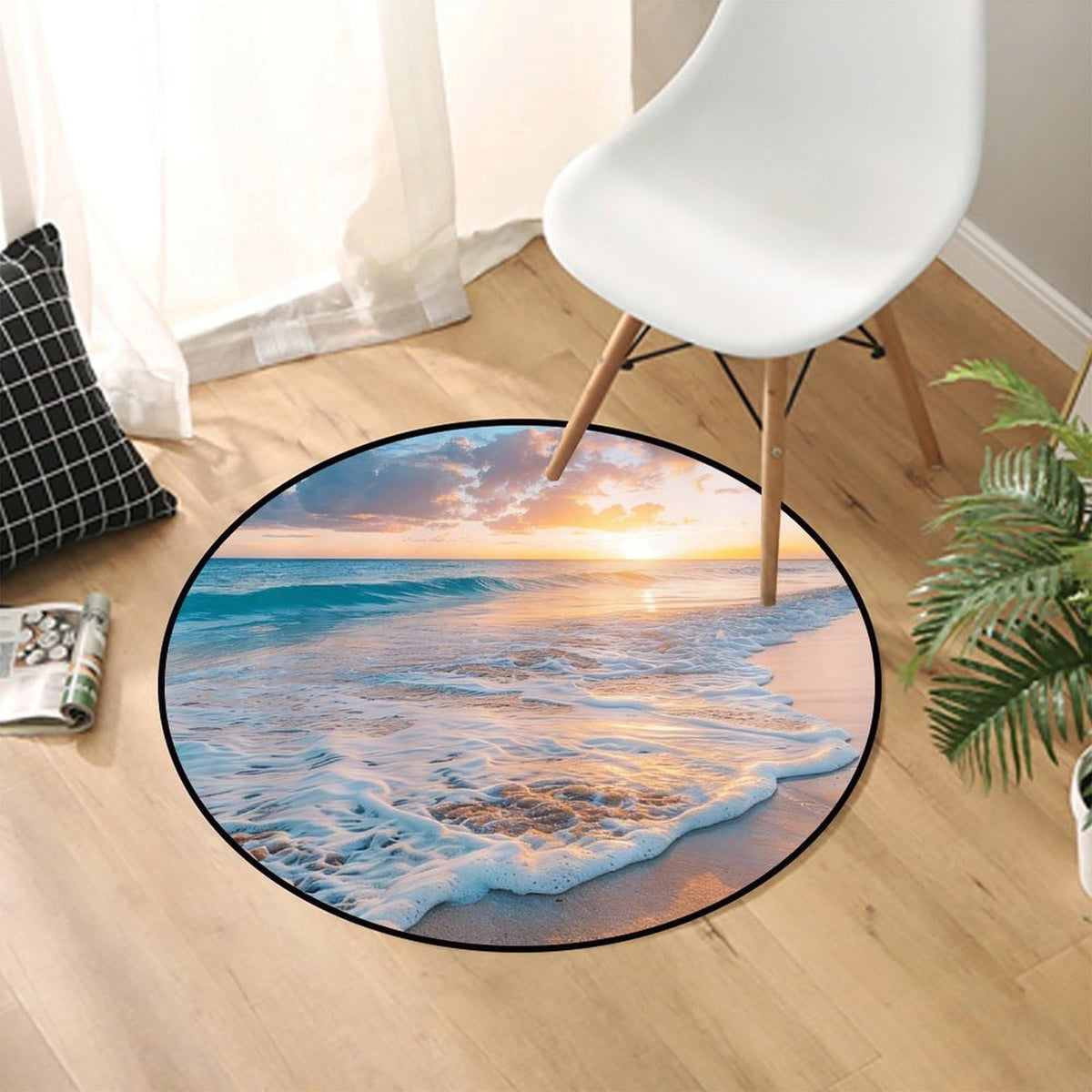 Round Area Rugs 4 FT Washable Non Slip Circle Rug (Waves and Pastel Sunset on Turquoise Shore / 4' (Round))