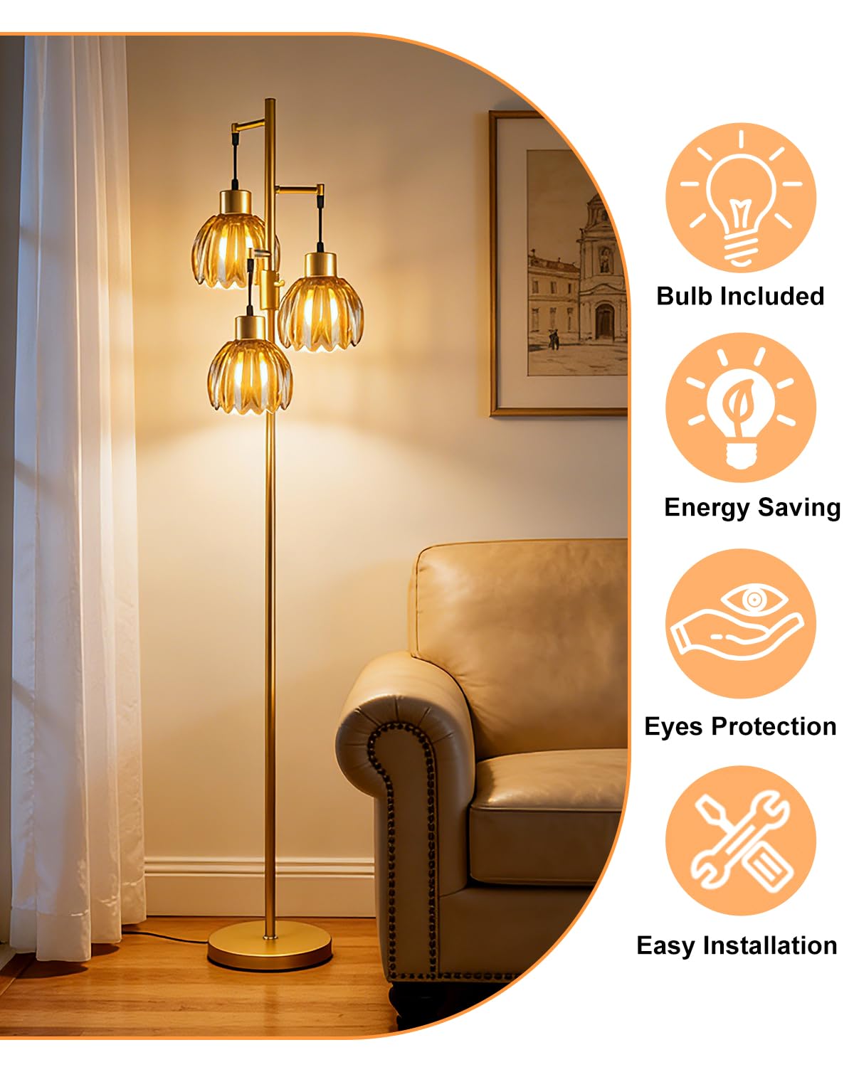 Glass Floor Lamp Amber Lotus Flower Shade Dimmable Gold Floor Lamp (3 Amber Lotus-Gold)