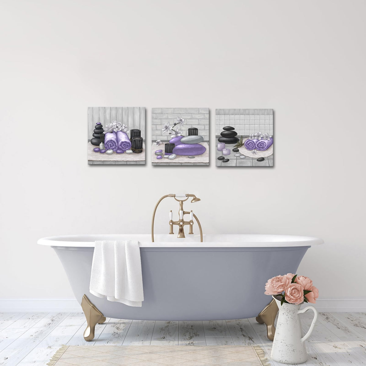 Spa Canvas Wall Art Purple Bathroom Decor Lavender and Grey Zen Stone Orchid Picture Painting Still Life Prints for Bathroom Zen Meditation Room Framed 12"x12" for Each (purple)