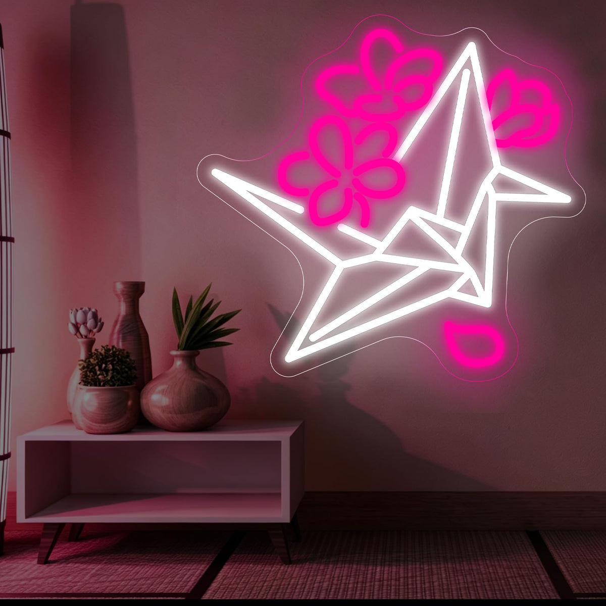Origami Paper Crane Neon Sign for Bedroom Japanese Floral Zen Wall Decor (Origami Crane)