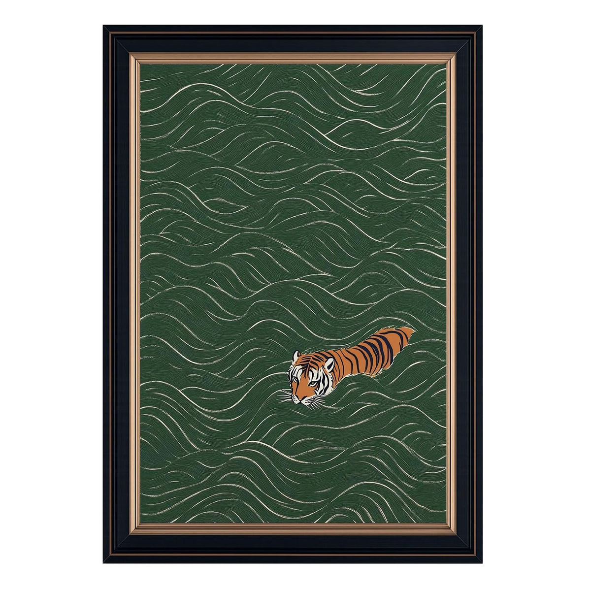 Framed Japanese Tiger Swimming Wall Art Ukiyo (16"L x 24"W / Style-3 Retro Black Frame)