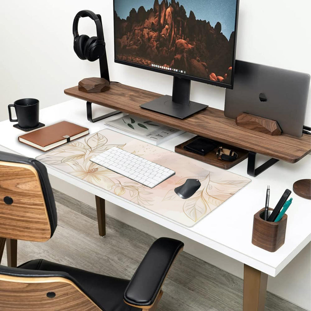 Desk Mat Minimalist Flowers and Leaves Large Gaming Mouse Pad for Desk XXL (15.7" x 35.4" / Minimalist Flowers and Leaves)