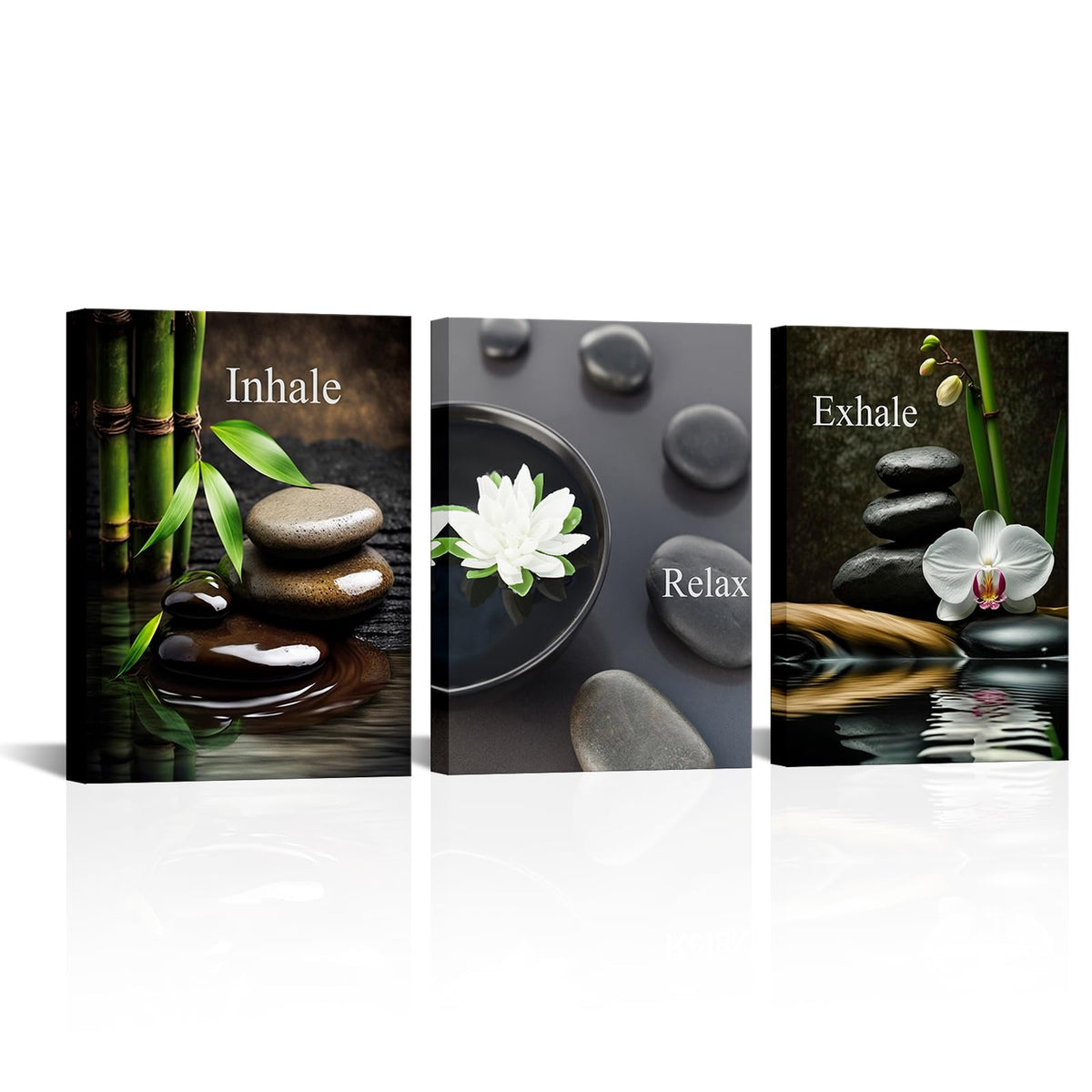 Zen Wall Art for Bathroom Zen Stone Bamboo Lotus Orchid Flower Pictures Still Life Prints for Zen Meditation Room Wall Decor Framed 12x16 inch each piece (16"L x 12"W)