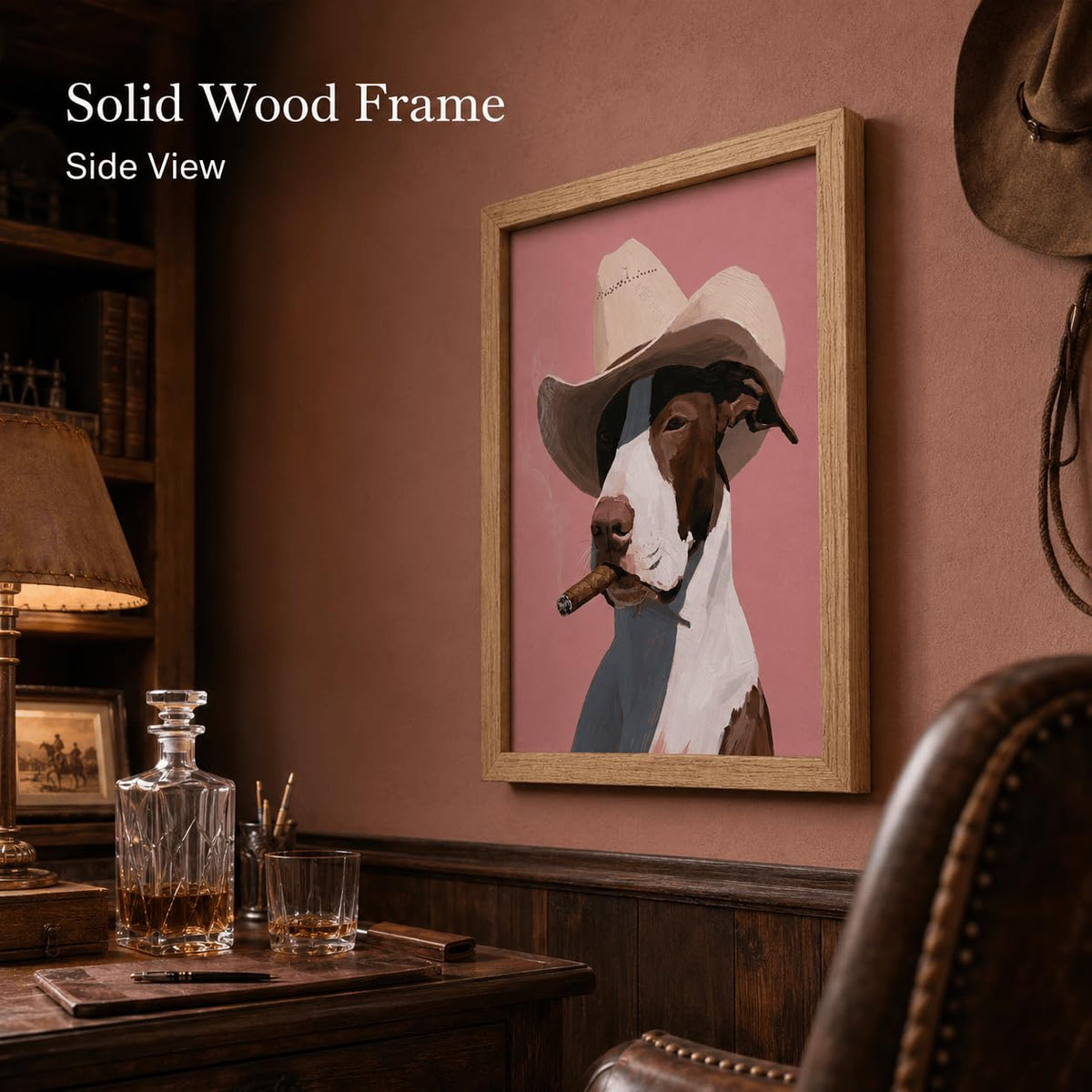 Vintage Cowboy Bull Terrier Framed Wall Art Funny Western Dog Decor (Smoking dog / 24"L x 16"W)