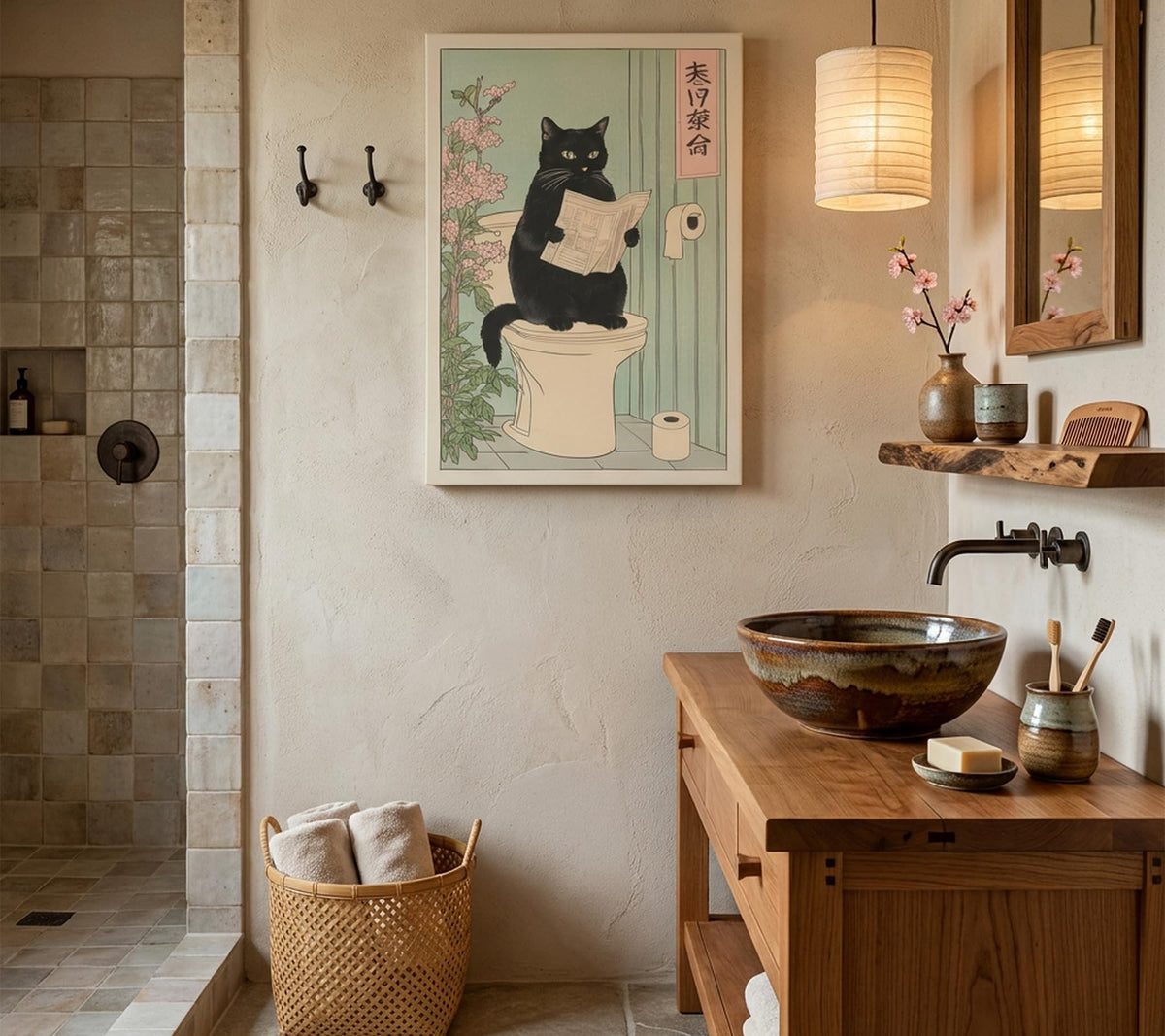 Japanese black cat on toilet Canvas Wall Art Funny bathroom print Toilet poster Japanese Cat Wall Decor Pictures Aesthetic Minimalism Artwork Neutral Painting Home Decoration (Canvas / 16"L x 12"W)