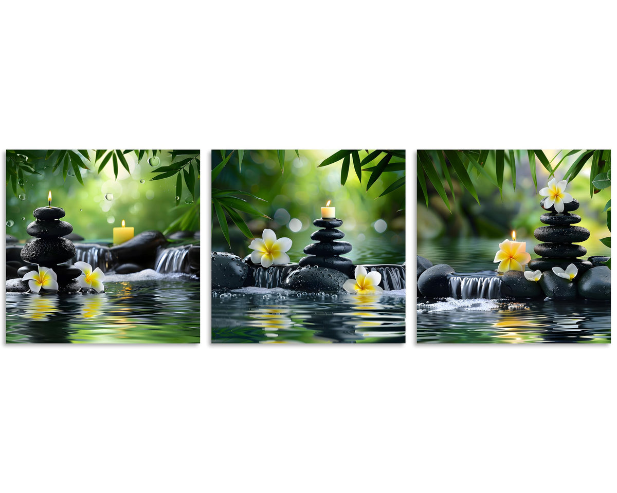 3 Pcs Zen Canvas Wall Art Spa Art Wall Decor Spa Stone Bamboo White Frangipani Flower with Candles Pictures Prints on Canvas for Home Decor Wall Decor Stretched and Framed 12x12inchx3 (12x12inchx3 / Green Zen 2)