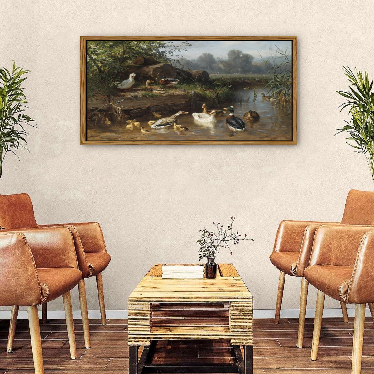 Countryside Landscape Wall Art Framed Duck Wall Decor Vintage Picture Classical Country Field Canvas Painting Prints Poster Farmhouse Animals Scenic Artwork for Living Room Home Decorations 24x48 (24"L x 48"W / Duck)