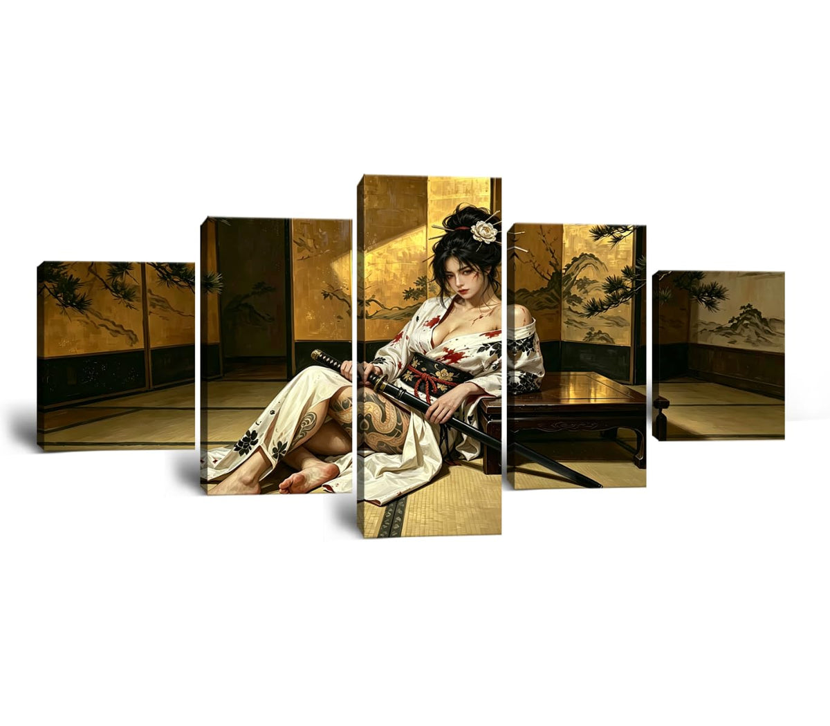 Japan Geisha Poster Samurai Wall Art for Office Wall Decor Prints Framed (50"Wx24"H / Samurai 5P-35)