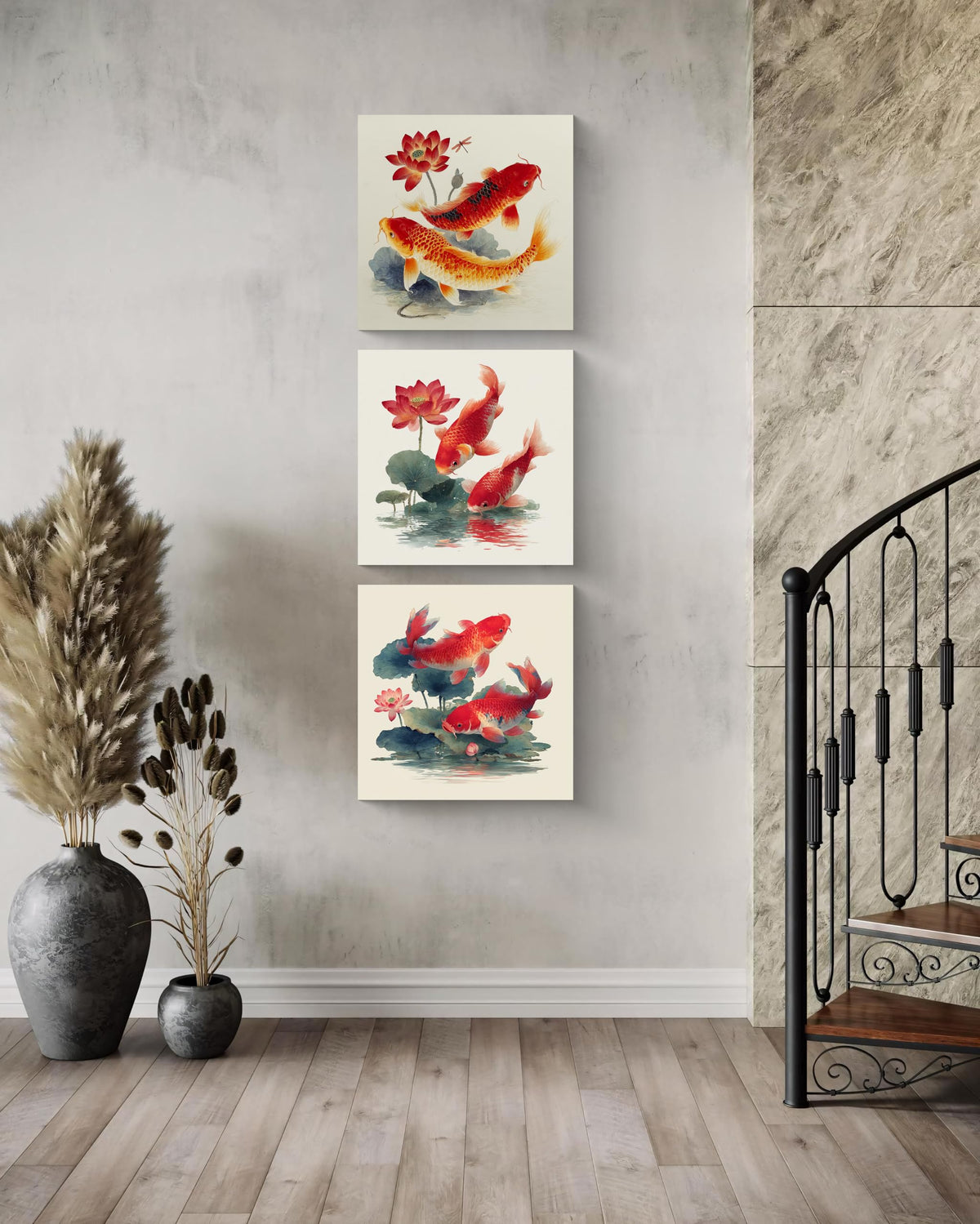 3Pcs Japanese Koi Fish Lotus Flower Wall Art Red Watercolor Zen Canvas Prints for Living Room Feng Shui Good Luck Animal Pictures Asian Oriental Floral Artwork Decor Ready to Hang (Zen Koi Canvas / 20x20inchx3)