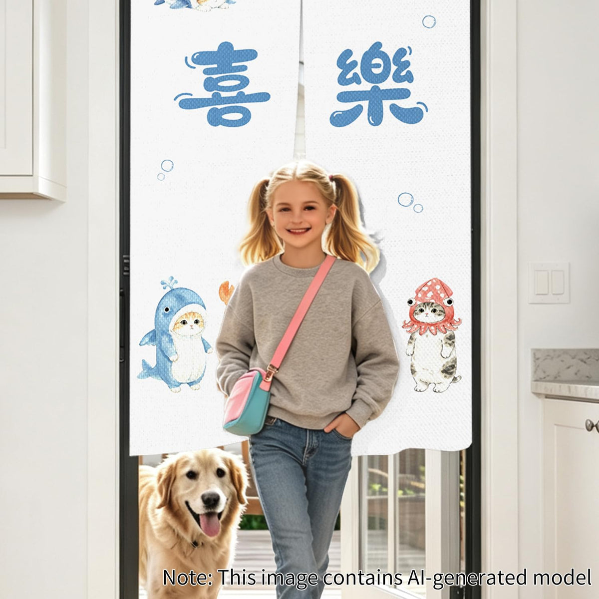 Funny Cat Noren Curtain Japanese Doorway Curtain for Door (Kawaii Sea Animal Cartoon Cat)