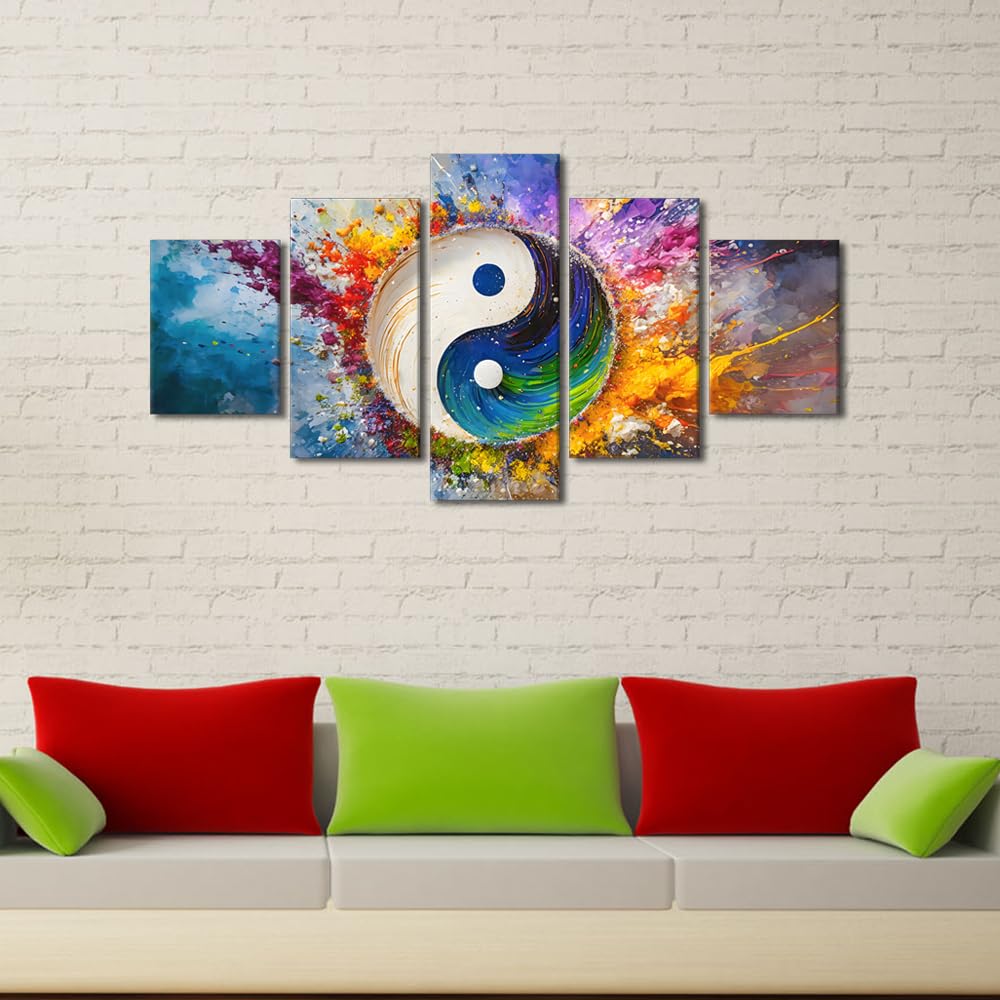 Wall Art Large Abstract Yin Yang In Multicolor Splash Framed Canvas Print Multi Panel Artwork Contemporary Living Room Decor Balance Theme Art Ready to Hang 60" Wx32 H (60''Wx32''H / Artwork-08)