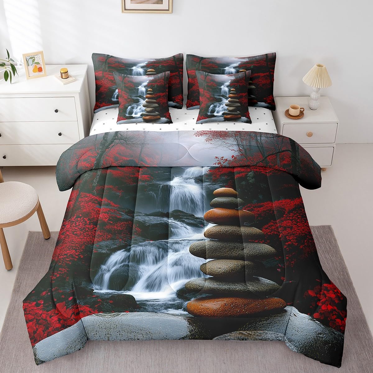 Zen Comforter Set with Sheets Full Size Kids Chinese Style Waterfall 7 Piece Bedding Set All Season Teens Nature Scenery Bed in A Bag Breathable Soft Lightweight Black Red Room Decor (Red Carbon Black / Full)