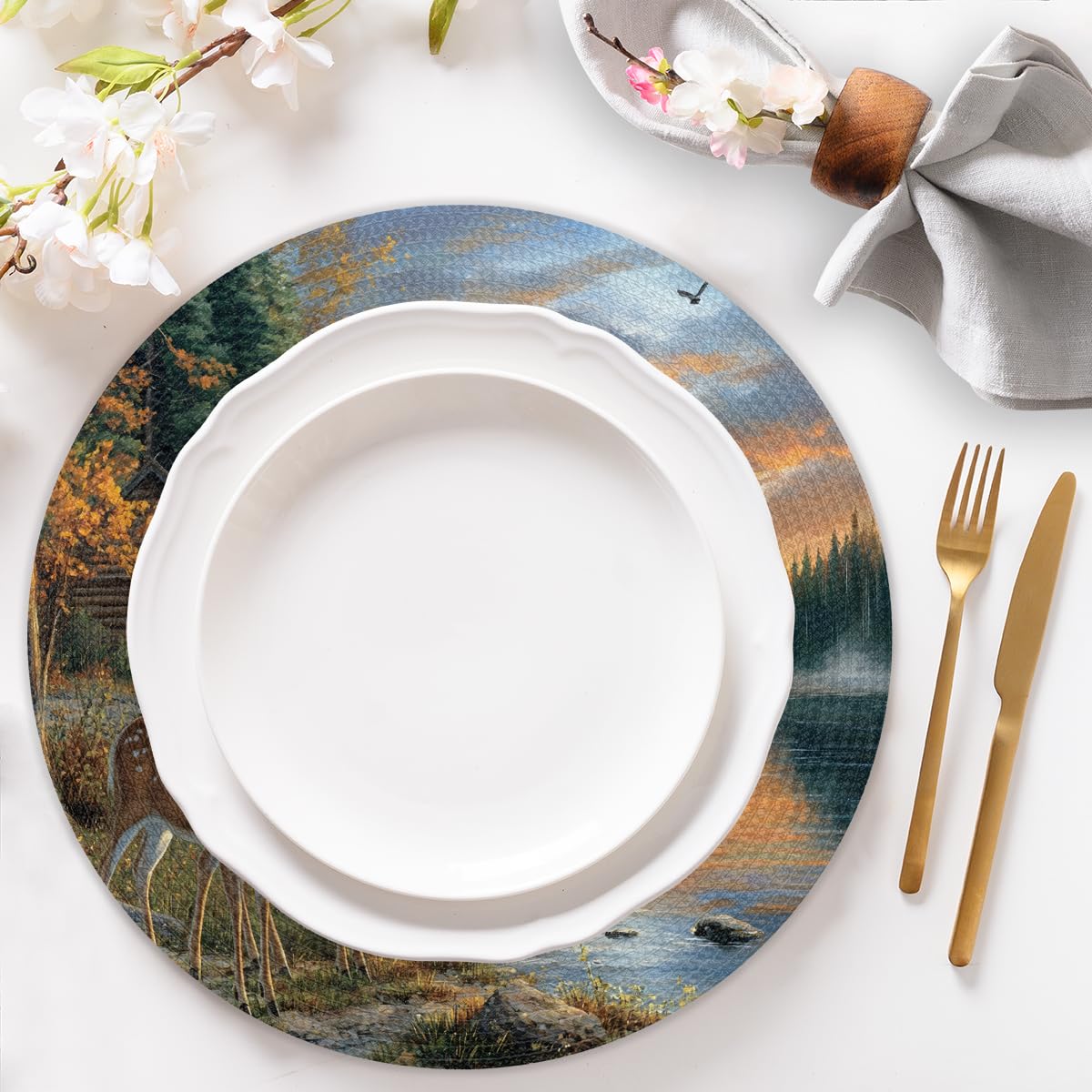 Autumn Deer Woven Placemats Round Placemats Set of 4 Festival Party (A 019 / 4 pieces)