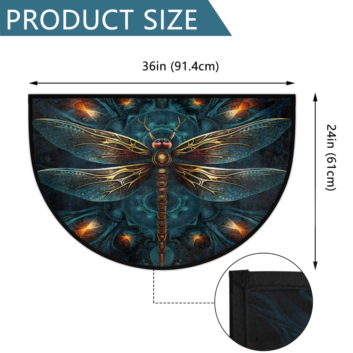 Half Round Doormat Dragonfly Animal Blue Semi Circle Rug Non Slip Indoor Outdoor Entrance Half Moon Rug Washable Front Floor Mat for Kitchen Bathroom Patio Fireplace Holiday Decor (Z:vintage Dragonfly)