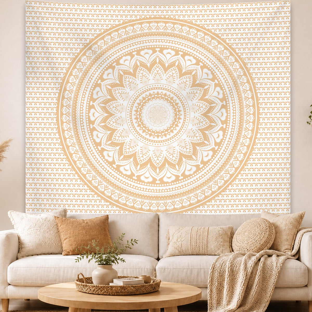 Boho Mandala Wall Tapestry for Bedroom (A-Beige Mandala Tapestry / 79"L x 60"W)