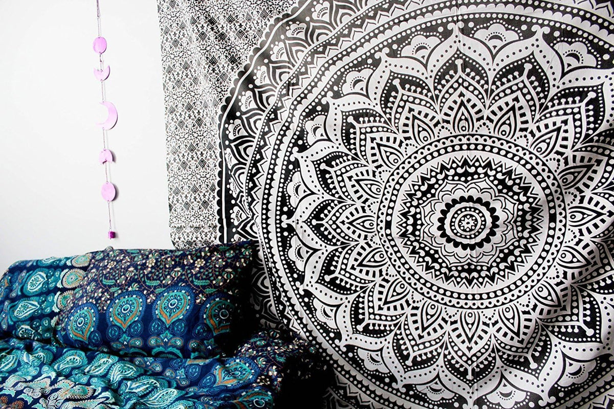Tapestry Wall Hanging Hippie Ombre Mandala Bohemian Hippy Psychedelic Design Indian Tapestries Bedspread 84 x 90 Inches (90"L x 84"W / Black Grey)