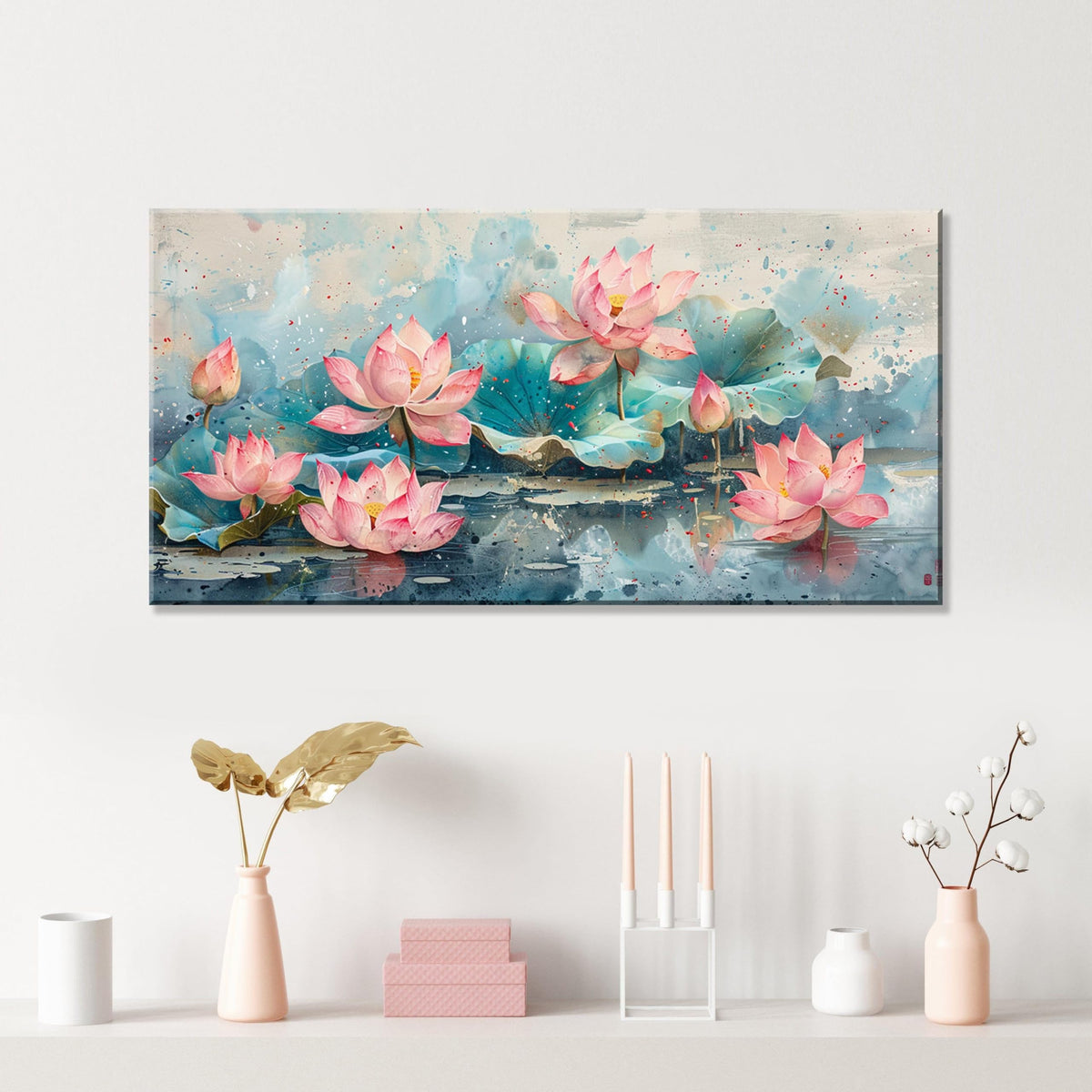 1Pcs Pink Lotus Flowers Canvas Prints Wall Art Green Leaves and Blooming Water Lilies Framed Wall Decor Ready to Hang Nature (Pink Lotus-One Piece / 40"L x 20"W)