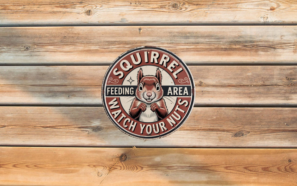 Squirrel Feeding Area Metal Sign 8x8in Funny Yard Plaque for Garden Cabin Outdoor Warning Sign (Squirrel Feeding Area Watch Your Nuts)