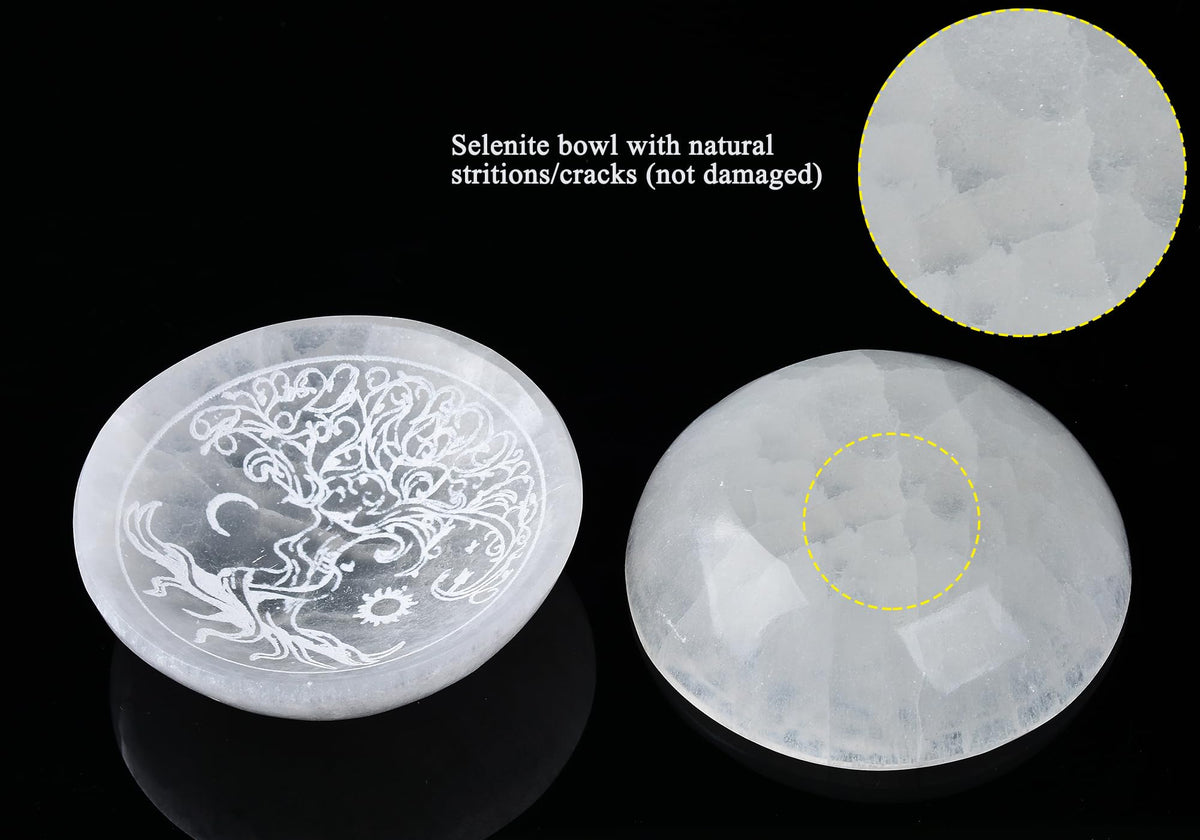 Natural Selenite Charging Bowl with Tree of Life Engraving 5.5 Inch Energy Cleansing Crystal Plate for Healing Meditation and Spiritual Home Decor (Round Tree of Life 5.5 inches)