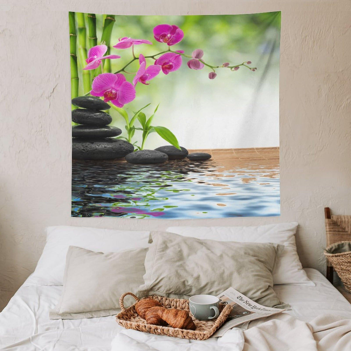 Spa Tapestry Wall Hanging Orchid Flowers Pebble Stones and Bamboo on Water Image Tapestries Home Decor for Living Room Bedroom Farmhouse Kitchen Dorm 60"x60" (60"L x 60"W / Zen-3)