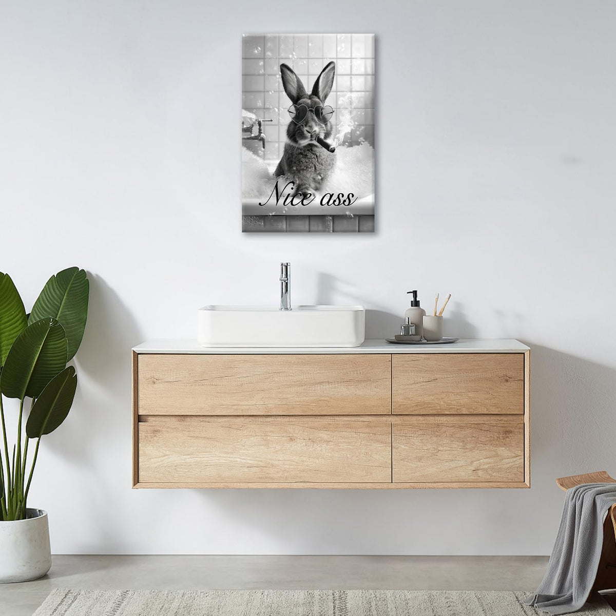 Funny Rabbit Bathroom Wall Art Black And White Bunny Bathtub Canvas Wall Decor Pictures Paintings Prints Artwork Framed Decorations For Bedroom Living Room Gifts 16" x 24" (Rabit / 24"L x 16"W)