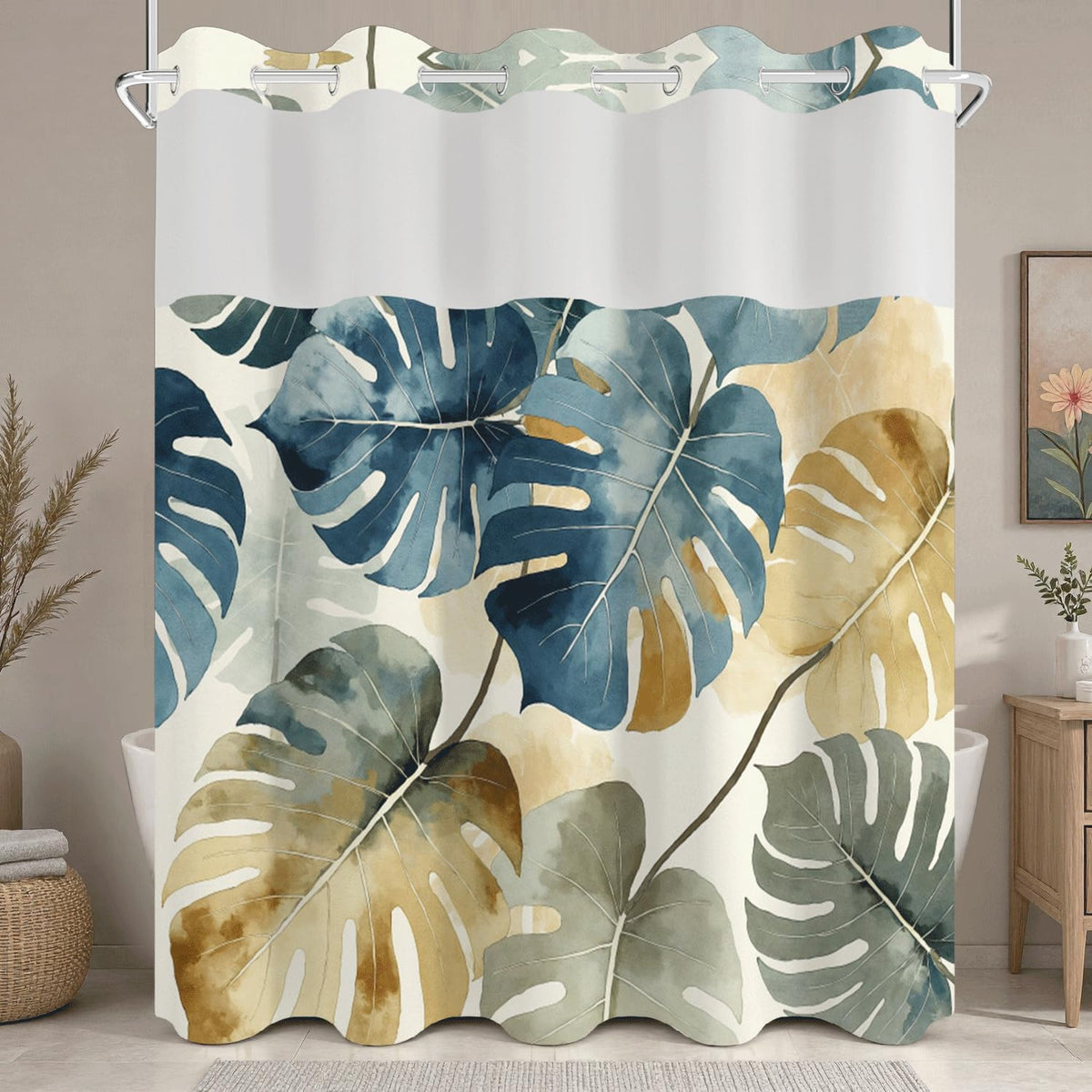 No Hook Shower Curtain with Snap in Liner (Watercolor Monstera Leaf)