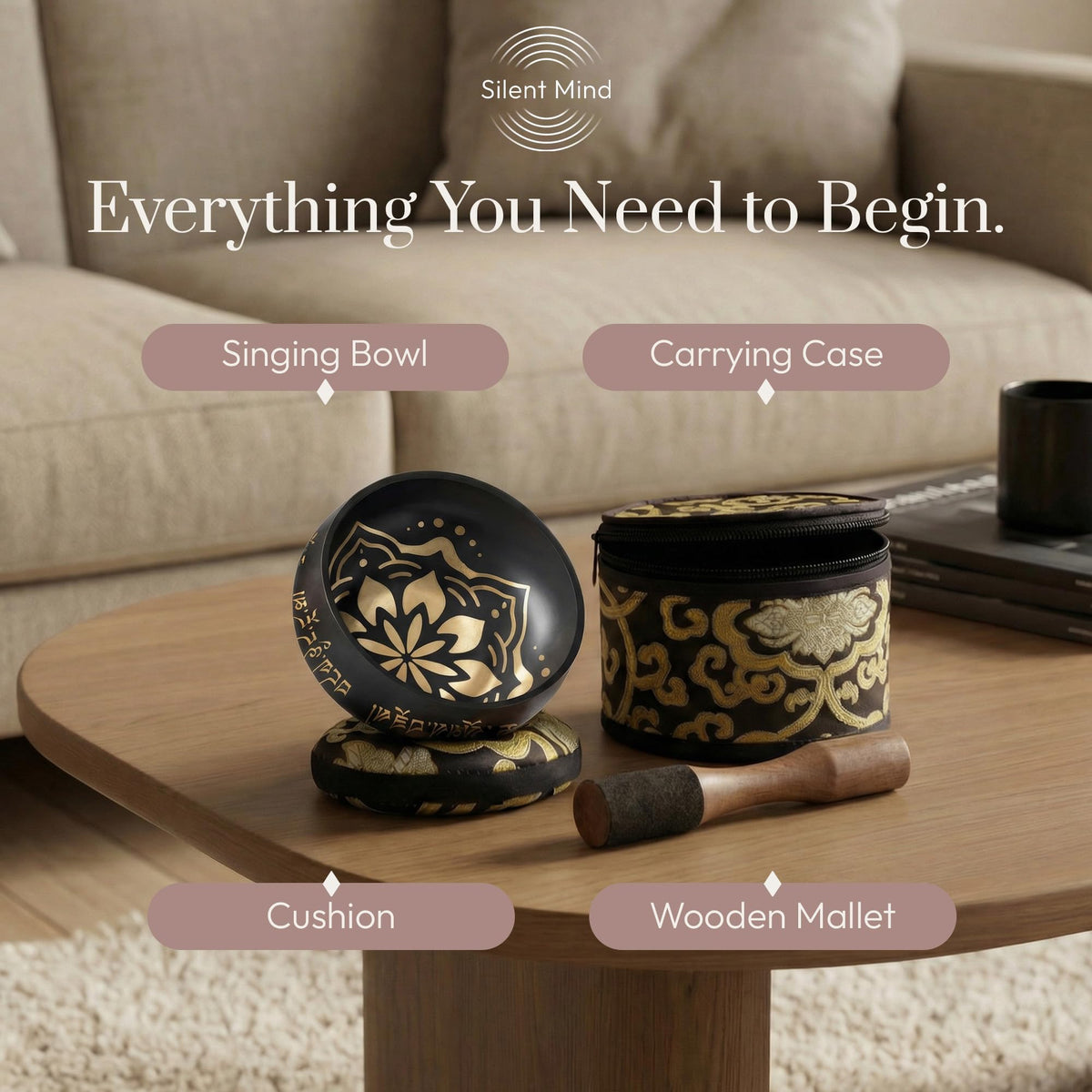 Tibetan Singing Bowl Set (Coal Black / With Case)
