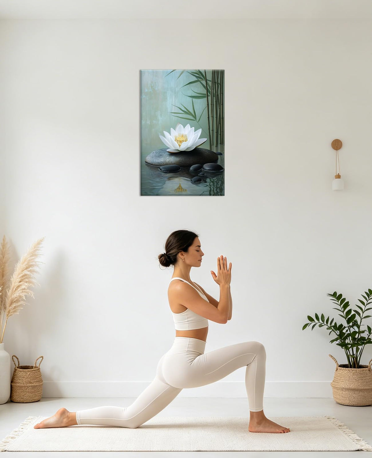 Lotus Zen Wall Art Spa Stones and White Floral Picture Green Plant Paintings Meditation Canvas Prints Living Room Bathroom Home Office Decor Framed (Zen-5 / 18"L x 12"W)