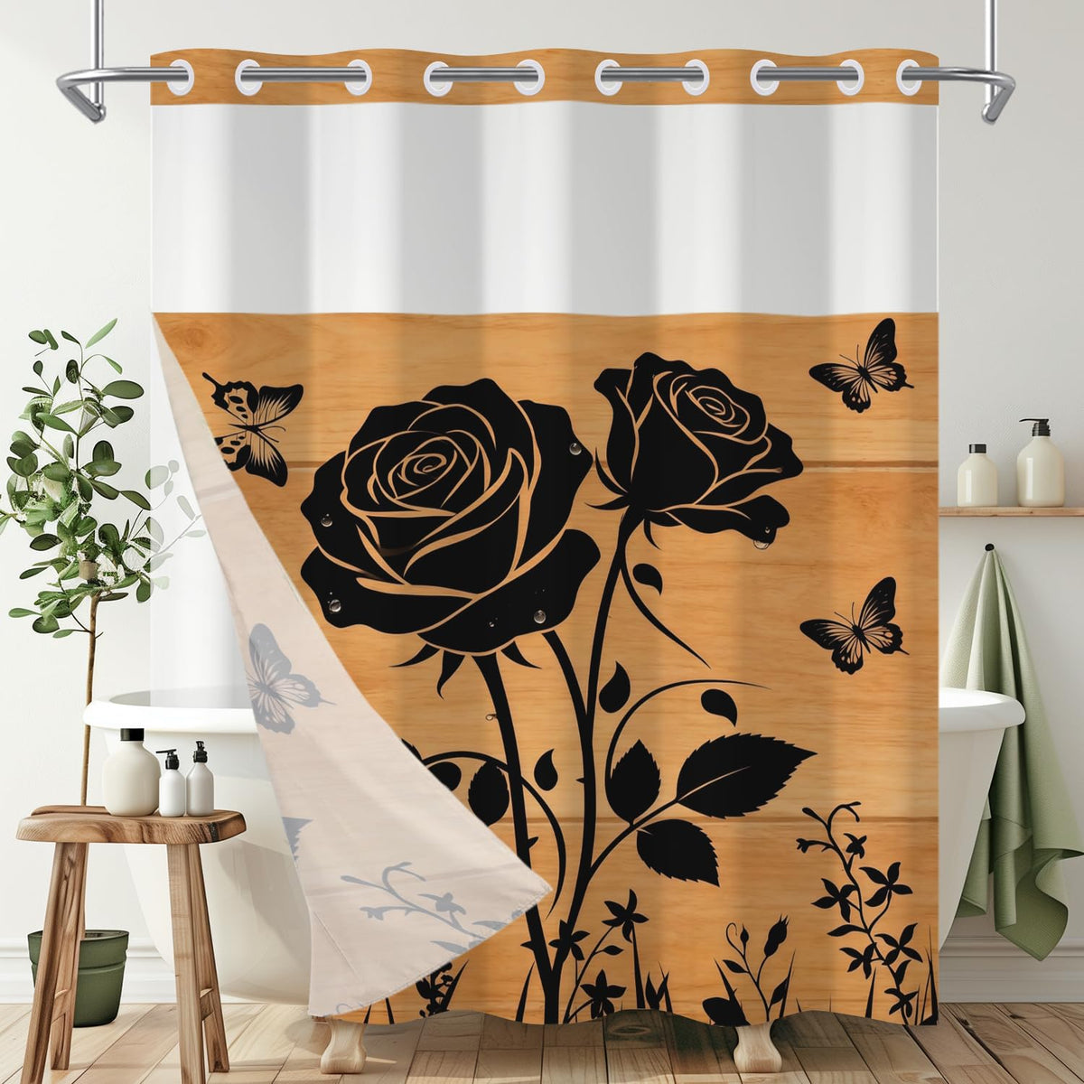 Fall No Hook Shower Curtain and Liner Set (Vintage Black)